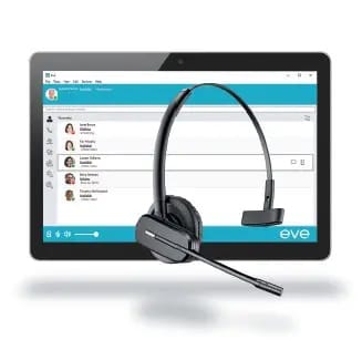eve Voice collaboration tools on a tablet device with headset