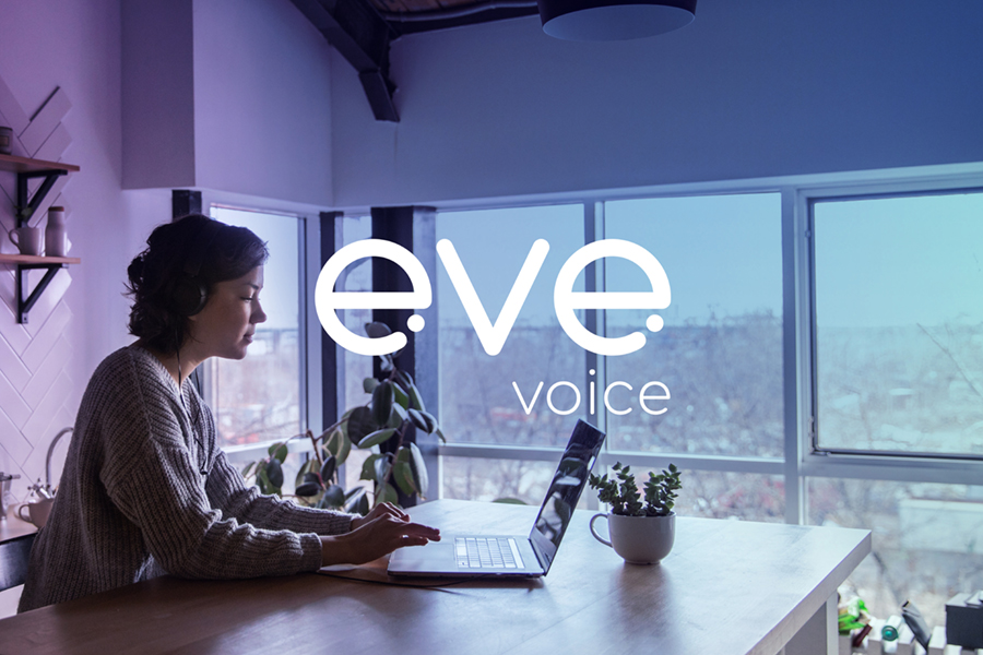 eve Voice hosted VoIP phone system logo on image of person working from home